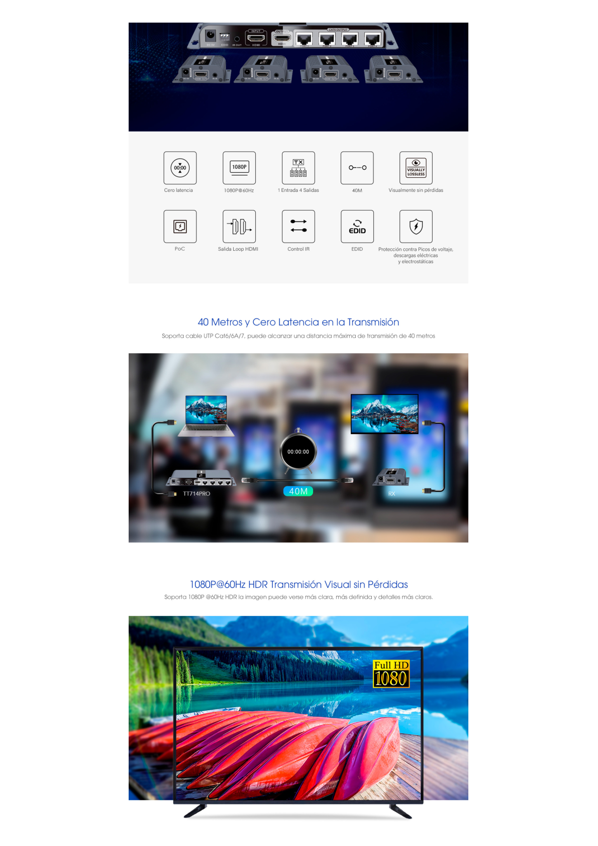 Kit Divisor y Extensor HDMI (Extender Splitter)  / Divide 1 Fuente HDMI a 4 Pantallas / Extiende la señal HDMI hasta 40 m / Resolución 1080P @ 60 Hz / Cat 6/6a/7 / Cero Latencia / Salida Loop en el Tx / IR / Alimente solo el Tx (PoC).