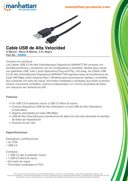 CABLE MANHATTAN USB V2.0 A-MICRO B 3M NEGRO