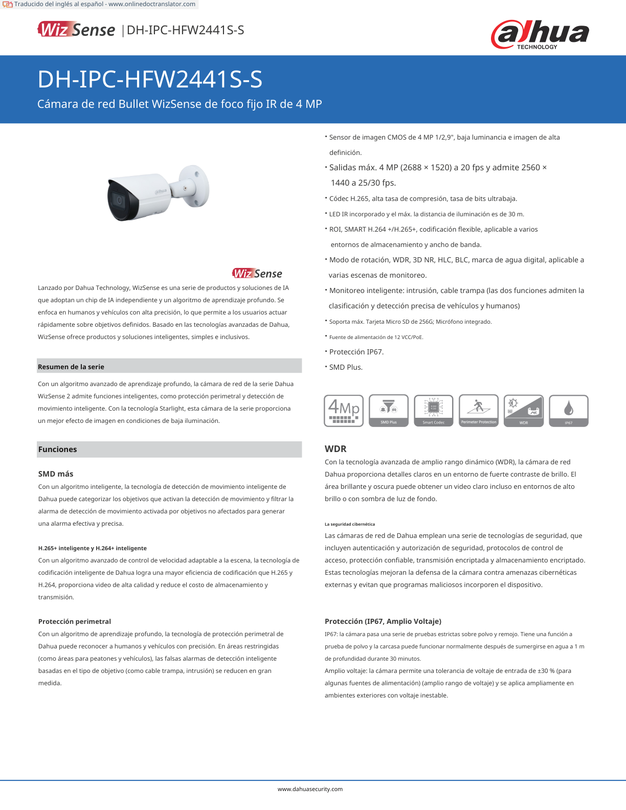 Camara Dahua DH-IPC-HFW2441S-S IP bullet 4 mpx lente 2.8 mm 95 gds IR de 30 m WDR de 120 dB PoE IP67