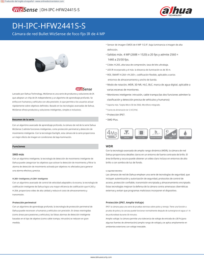 Camara Dahua DH-IPC-HFW2441S-S IP bullet 4 mpx lente 2.8 mm 95 gds IR de 30 m WDR de 120 dB PoE IP67