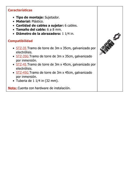 KIT de Tres Sujetadores de plastico para seis cables de 6 a 8 mm con todo y hardware de instalación en tubos de 1 1/4 in