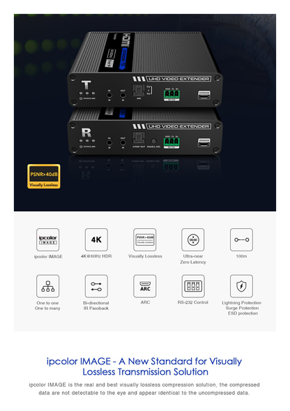 Receptor Compatible para Kits TT592 / Resolución 4K@60Hz / Cat 5e/6 / Distancia de 100 m / IPCOLOR / Control IR /  Cero Latencia / Compatible con Switch Gigabit.