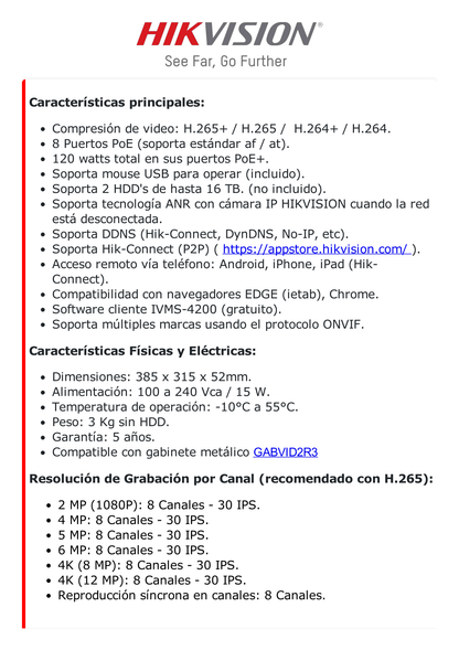 [Doble Poder de Decodificación] NVR 32 Megapixel (8K) / 8 Canales IP / 8 Puertos PoE+ / AcuSense / ANPR / Conteo de Personas / Heat Map / 2 Bahías de Disco Duro / HDMI en 8K / Soporta POS / Alarmas I/O / ACUSEARCH