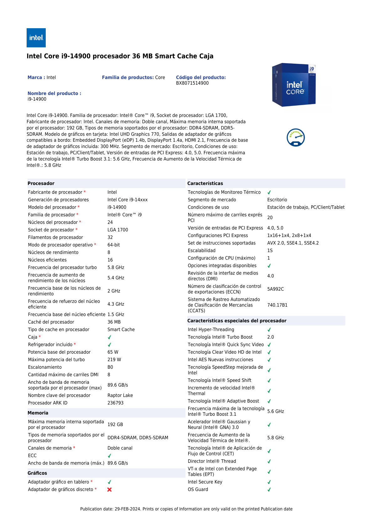 Procesador Intel Core i9-14900 con disipador y graficos LGA 1700 14a Gen 24Core 2.0Ghz 65w