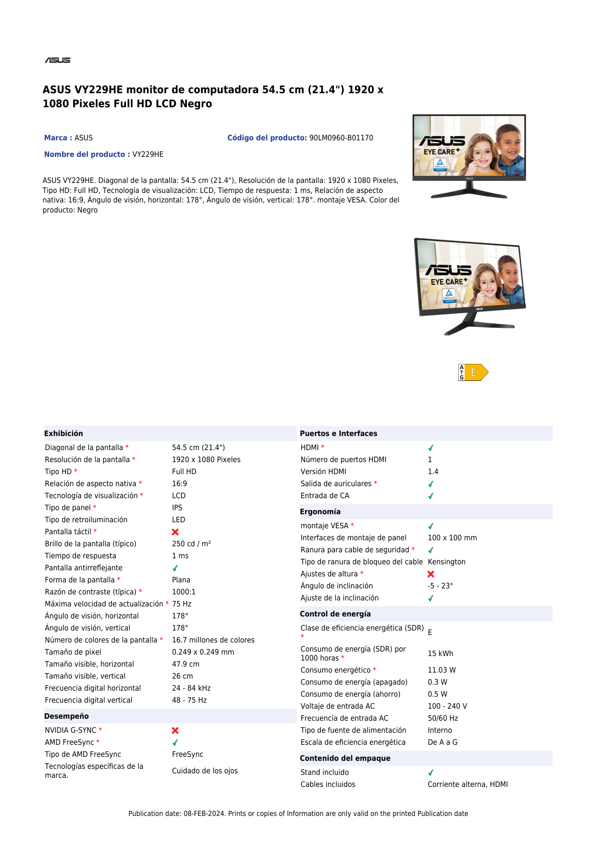 Monitor ASUS 21.45 VY229HE EYE CARE 1920x1080 75Hz 1ms IPS HDMI VGA 3.5mm