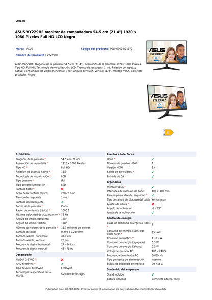 Monitor ASUS 21.45 VY229HE EYE CARE 1920x1080 75Hz 1ms IPS HDMI VGA 3.5mm