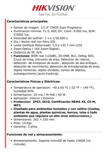 Domo IP PTZ 2 Megapixel / Anticorrosivo / 23X Zoom / DARKFIGHTER /Exterior IP67 / IK10 / WDR 120 dB / Onvif / Autoseguimiento / MicroSD