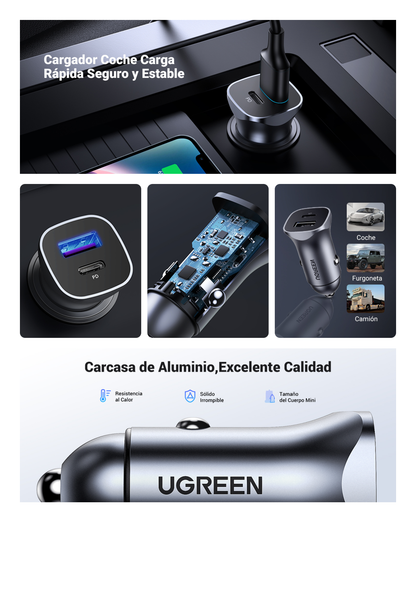 Cargador de Auto 24W | Puerto USB-A y USB-C | Carga Rápida | Compatible con Vehículos de 12 y 24 VCD | PD3.0 + QC3.0 | Indicador Led | Diseño Compacto | Chip Inteligente | Caja de Aluminio.