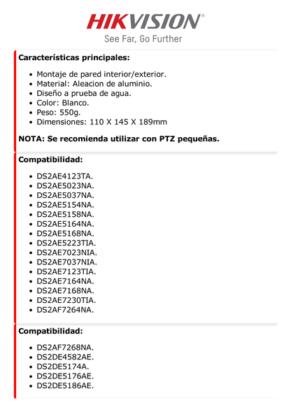 Montaje de Pared de Brazo Corto para Domos PTZ TURBOHD e IP de 4" (Pulgadas) / Compatible con epcom y HIKVISION