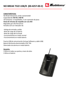 UPS Koblenz 7522 USB 750VA/420W 10 NEMA 5-15R (5 c/protección batería) 12V/7Ah pantalla LCD puerto usb comunicación