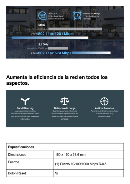 Punto de Acceso Omada / Wi-Fi 6 AX1800 MU-MIMO 2X2 / Omada Mesh / Alta Densidad de Usuarios / Configuración por Controlador o Stand-Alone / Para Montaje en Techo-pared / Alimentación PoE+