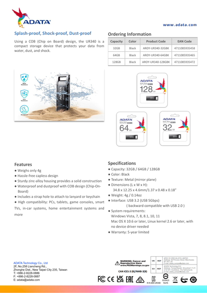 Memoria ADATA 128GB USB ROYAL UR340 3.2 Negro AROY-UR340-128GBK