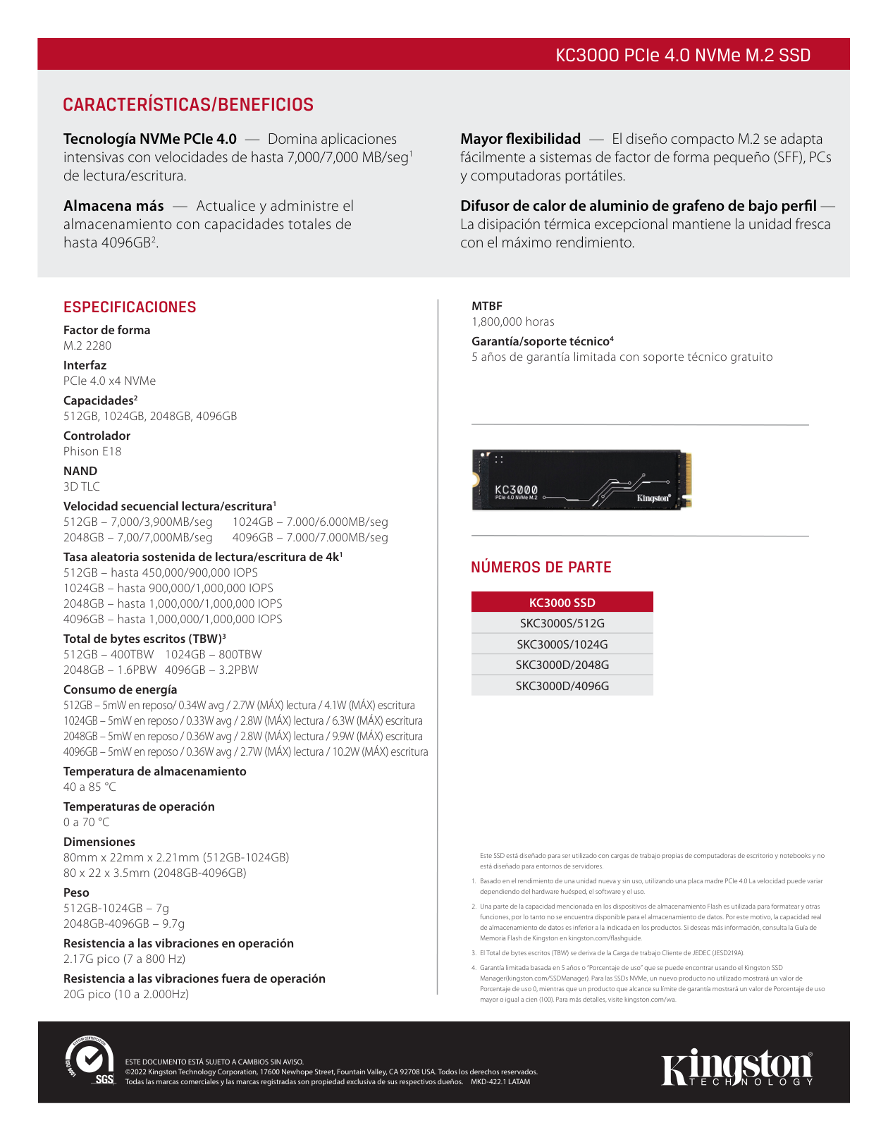 SSD M.2 2280 NVME/PCIE 512GB KINGSTON KC3000 4.0 SKC3000S/512G