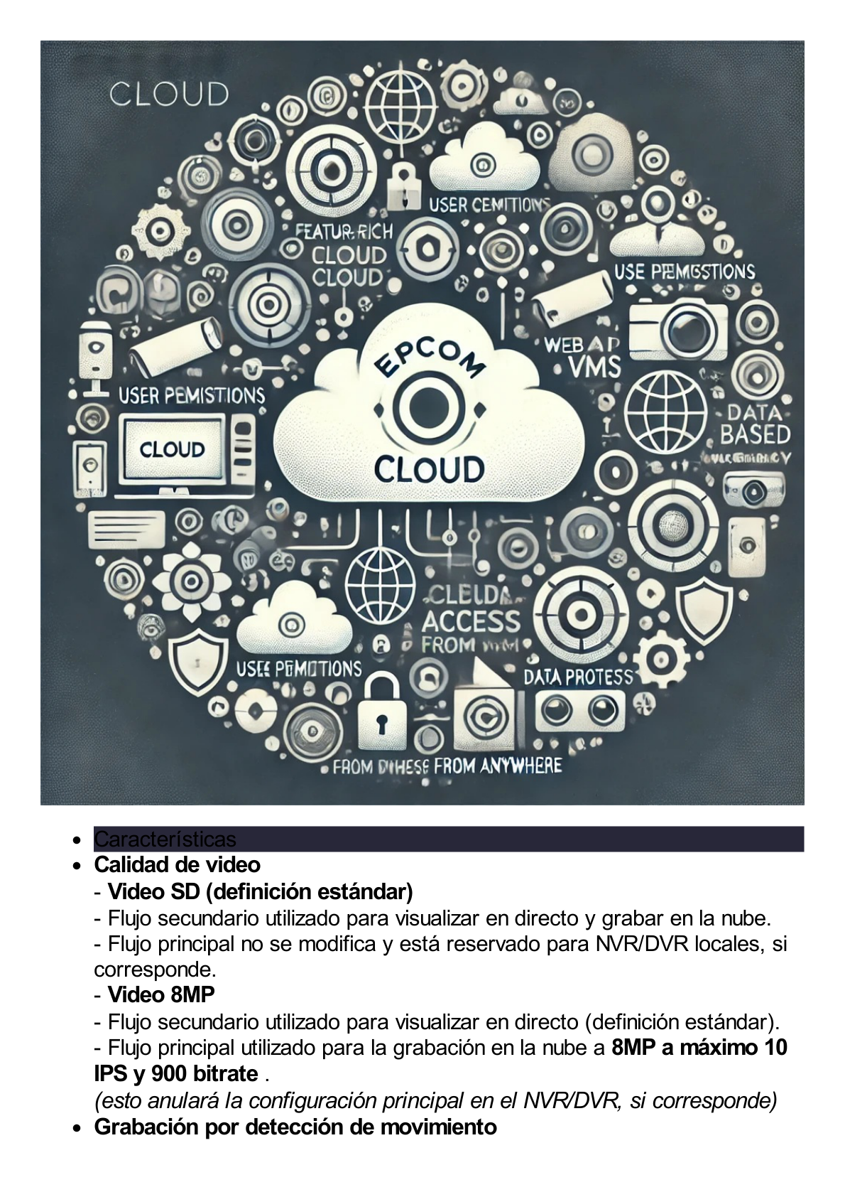 Suscripción Anual Epcom Cloud / Grabación en la nube para 1 canal de video a 8MP con 30 días de retención / Grabación por detección de movimiento