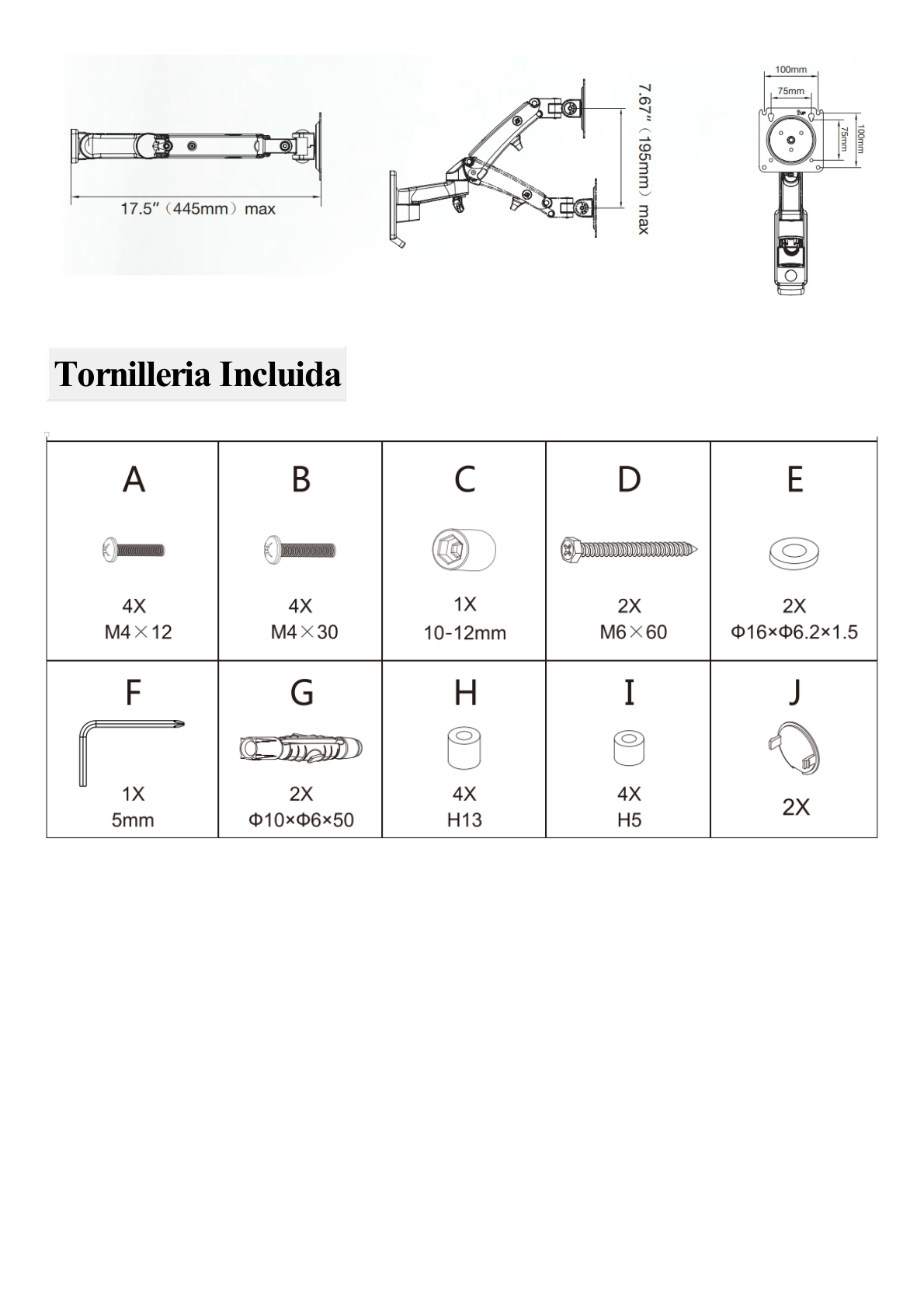 Montaje de Pared para Monitores de 17 a 35" / Soporta hasta 12 Kg / Vesa 75 x 75 / 100 x 100 / Acero