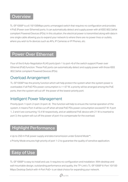 Switch TP-Link TL-SF1006P metálico 6 puertos RJ45 10/100M (4 puertos PoE+ 802.3af/at max 67W) modo priority extensión cableado