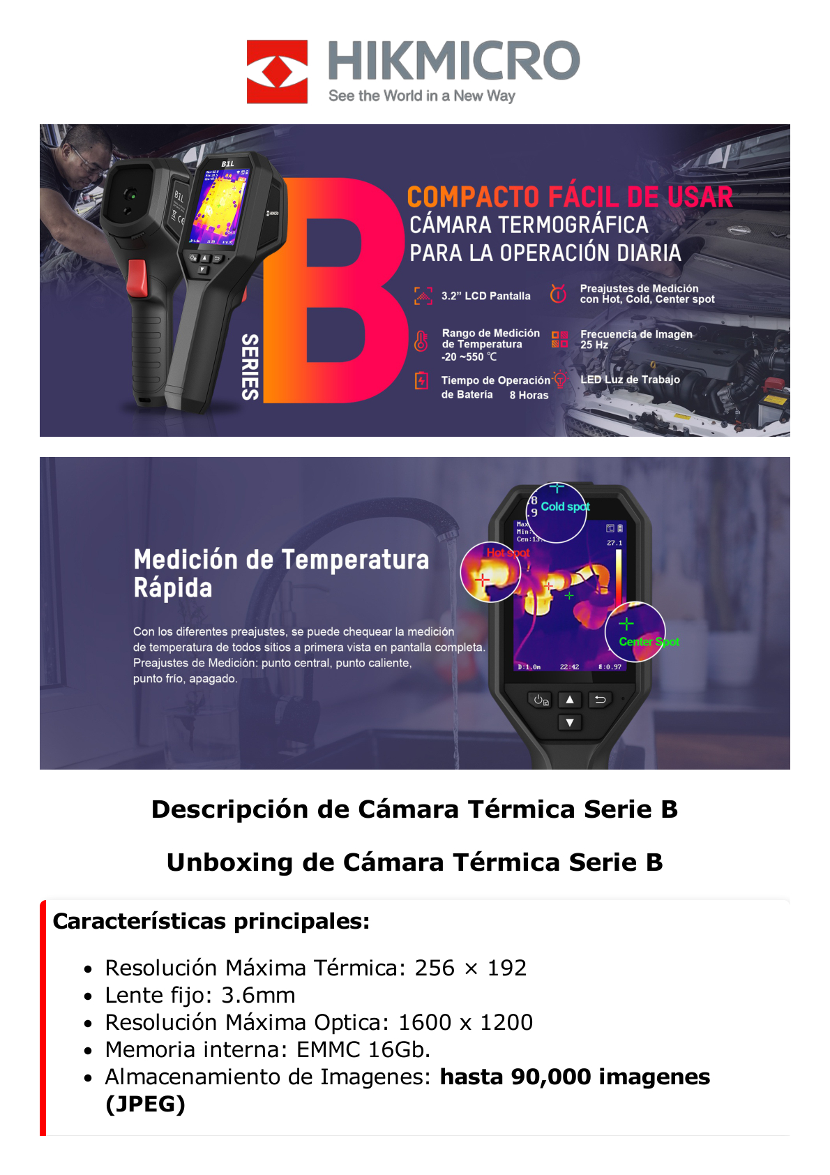 B20 - Cámara Termográfica Portátil Dual / Lente Térmico 3.6 mm (256 × 192) / Lente Optico / WiFi / IP54 / Hasta 6 Horas de Funcionamiento Continuo