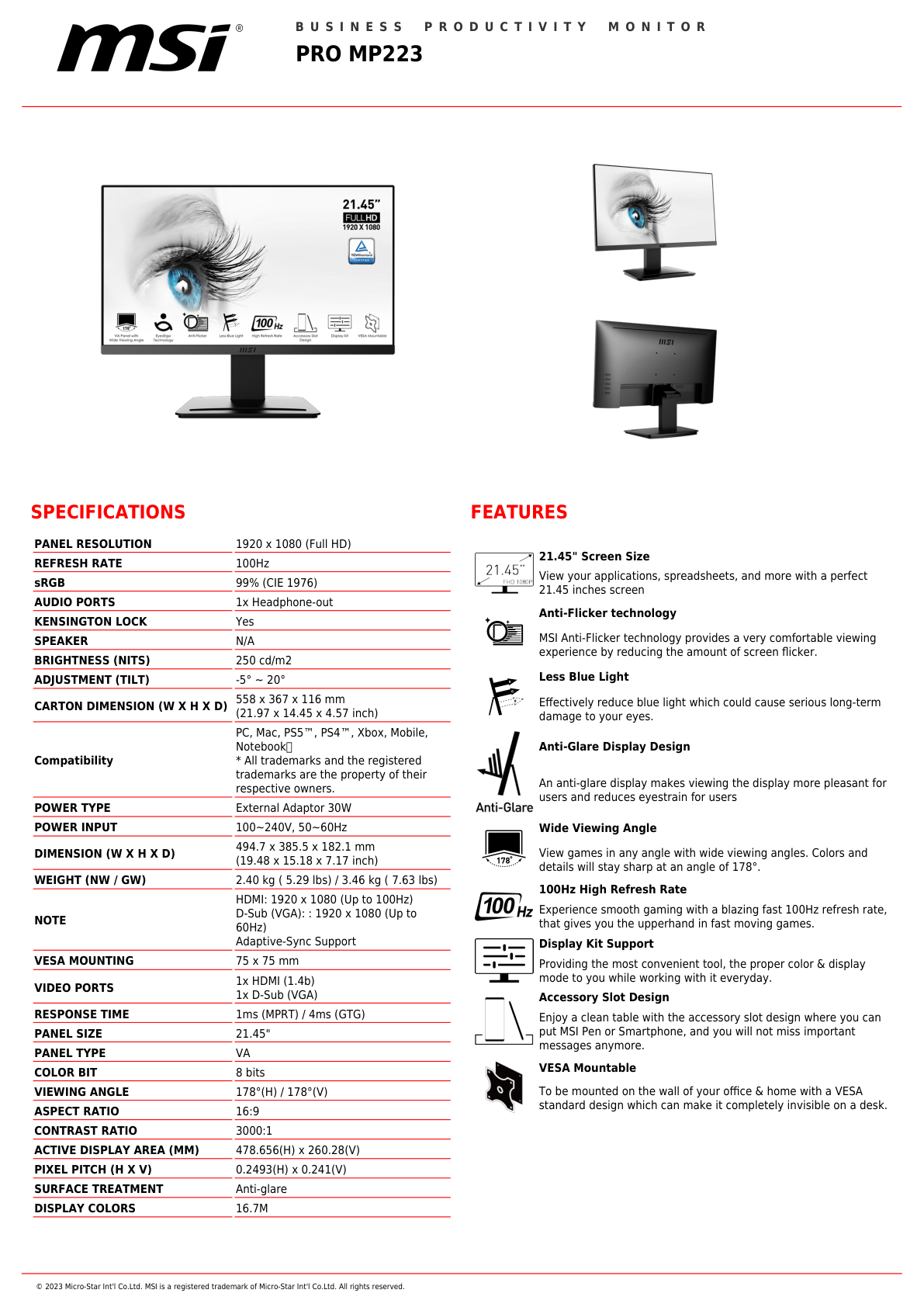 Monitor MSI 21.45 PRO MP223 1920x1080 Full HD 1ms 100hz HDMI VGA