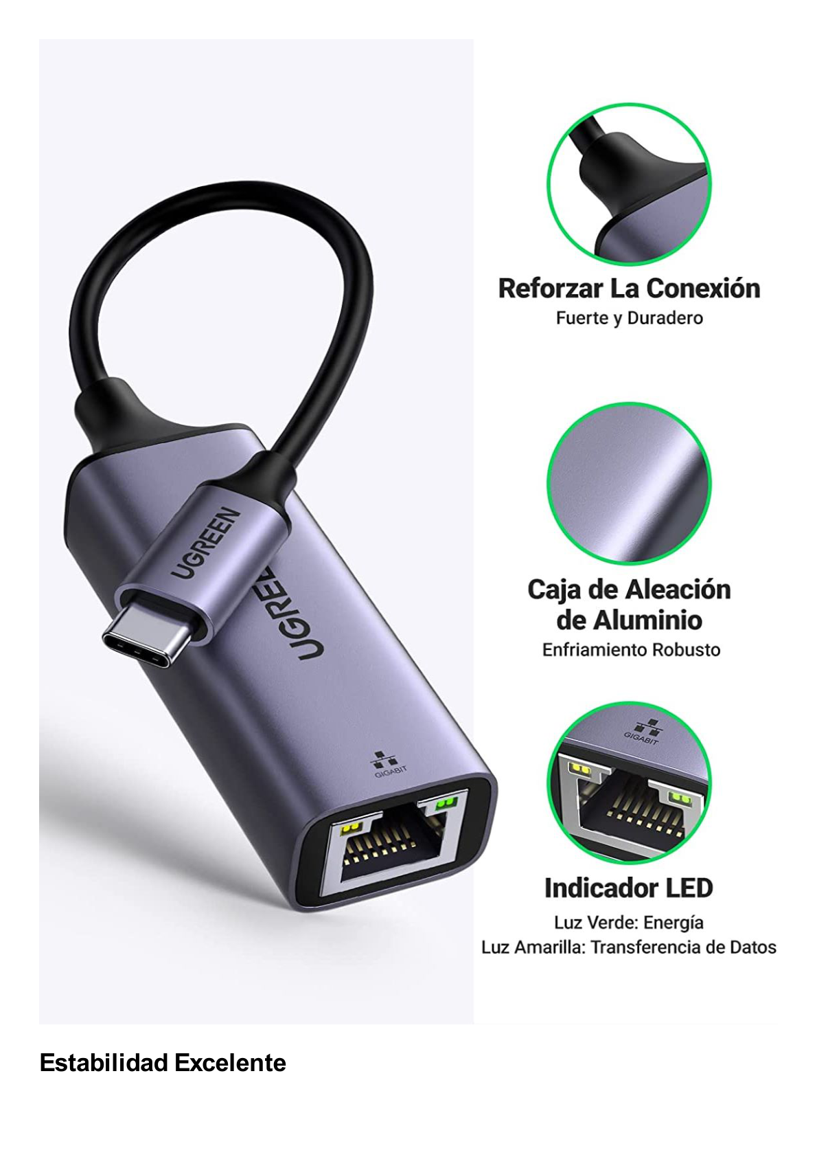 Adaptador de Red USB-C 3.1 (5 Gbps) a RJ45 | Thunderbolt 3 | Admite 10/100/1000 Mbps y 2.5G |  Chip Inteligente | Amplia Compatibilidad | Caja de Aluminio | Longitud del cable 10 cm.