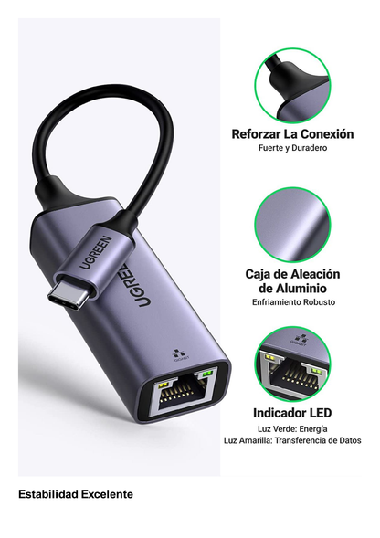 Adaptador de Red USB-C 3.1 (5 Gbps) a RJ45 | Thunderbolt 3 | Admite 10/100/1000 Mbps y 2.5G |  Chip Inteligente | Amplia Compatibilidad | Caja de Aluminio | Longitud del cable 10 cm.