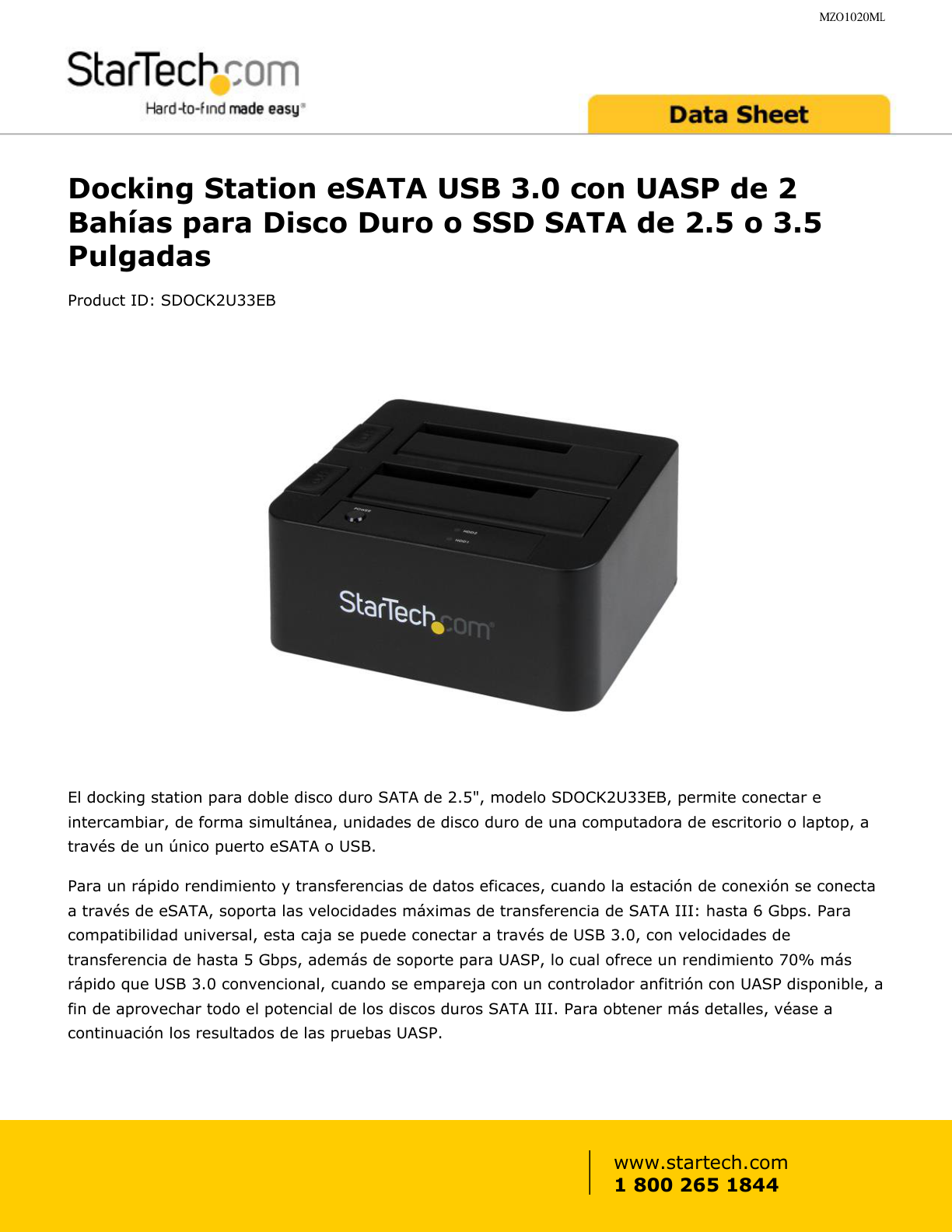 DOCKING STARTECH  ESATA USB 3.0 UASP CABL 2 BAHIAS PARA DISCO DURO O SSD SATA DE 2.5 O 3.5 PULGADAS