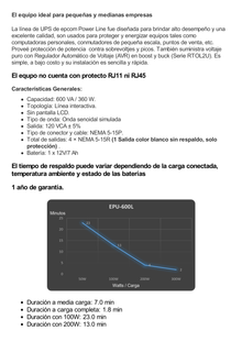 UPS de 600VA/360W / Topología Línea Interactiva / Entrada y Salida 120 Vca / Clavija NEMA 5-15P / 4 Tomas NEMA 5-15R/ Sin Protector RJ11 ni RJ45