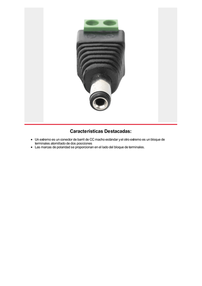 Adaptador Macho Tipo Jack de 3.5 mm Polarizado de 12 Vcc / Terminales Tipo Tornillo / Polarizado (+/-) / Ideal para Cámaras de Video Vigilancia.