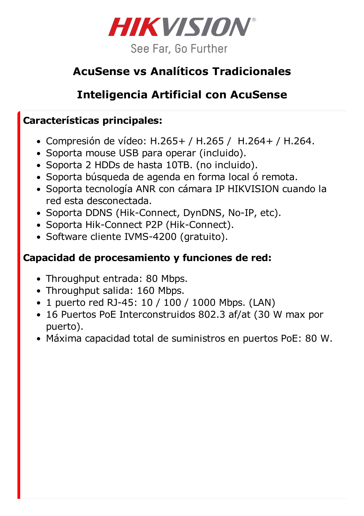 NVR 8 Megapixel (4K) / 8 canales IP / 8 Puertos PoE+ / Soporta Cámaras con AcuSense / 2 Bahías de Disco Duro / HDMI en 4K