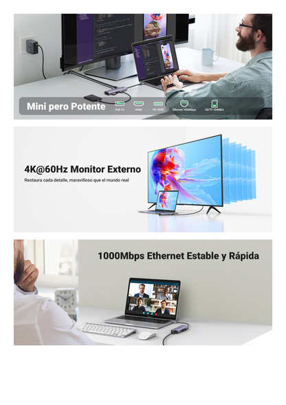 HUB USB-C (Docking Station) 7 en 1 | 2 USB-A 3.0 (5Gbps) | 1 USB-C PD Carga 100W | HDMI 4K@60Hz | RJ45 (Gigabit Ethernet) | Lector Tarjetas SD + Micro SD (TF) Uso Simultáneo | Cable de Nylon Trenzado | Caja de Aluminio.