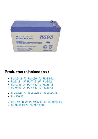 Batería 12 Vcc / 7 Ah / UL / Tecnología AGM-VRLA / Para uso en equipo electrónico Alarmas de intrusión / Incendio/ Control de acceso / Video Vigilancia / Terminales F1 / Cargador recomendado CHR-80.