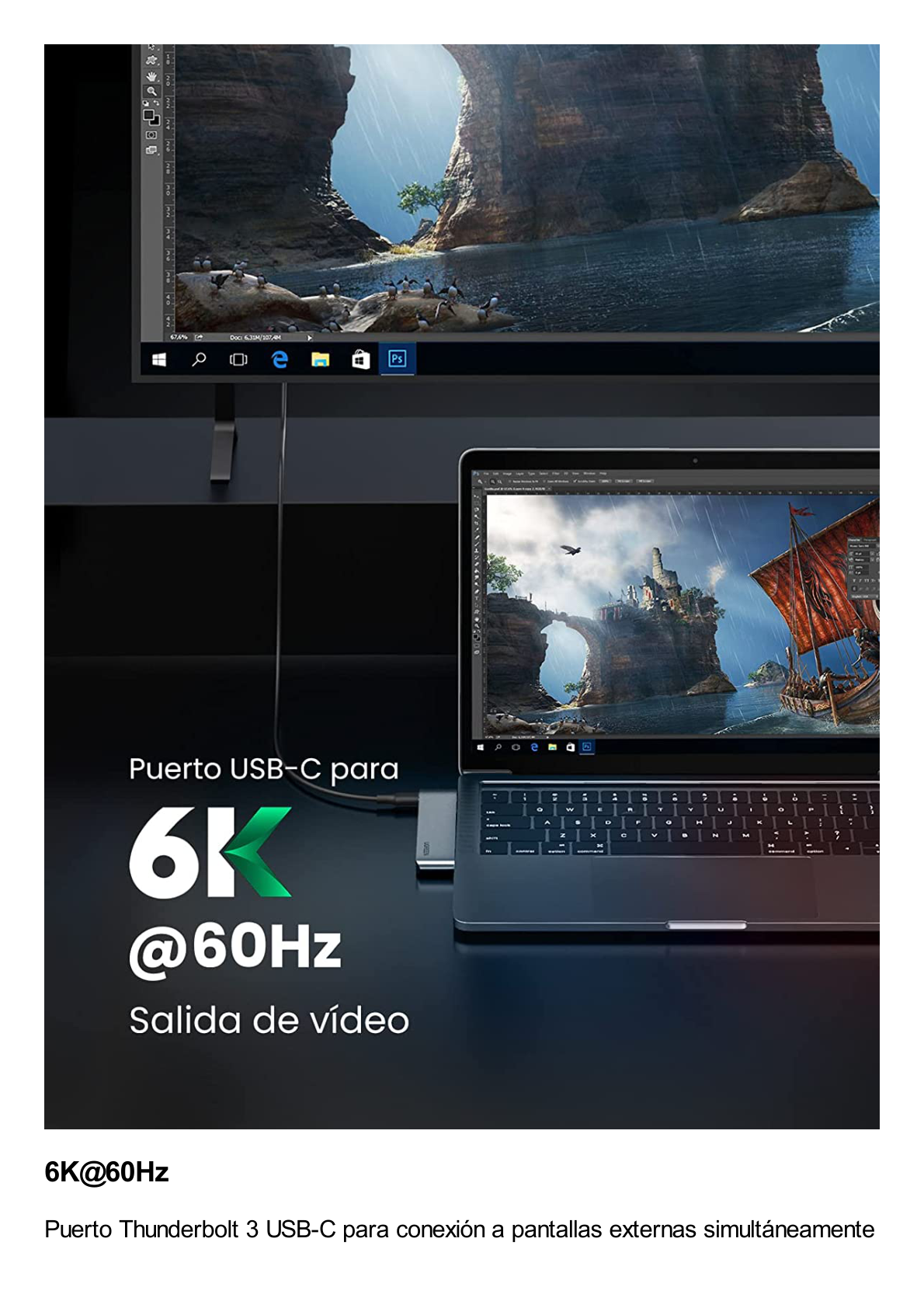 HUB USB-C (Thunderbolt 3) 6 en 2 | 3 Puertos USB3.0 | 1 USB-C (PD 100W) | Transferencia de Video y Datos | Memoria SD+ Micro SD (TF) Uso Simultáneo | Multifuncional para MacBook Pro/Air | Carcasa de Aluminio.