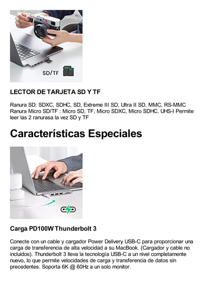 HUB USB-C (Thunderbolt 3) 6 en 2 | 3 Puertos USB3.0 | 1 USB-C (PD 100W) | Transferencia de Video y Datos | Memoria SD+ Micro SD (TF) Uso Simultáneo | Multifuncional para MacBook Pro/Air | Carcasa de Aluminio.