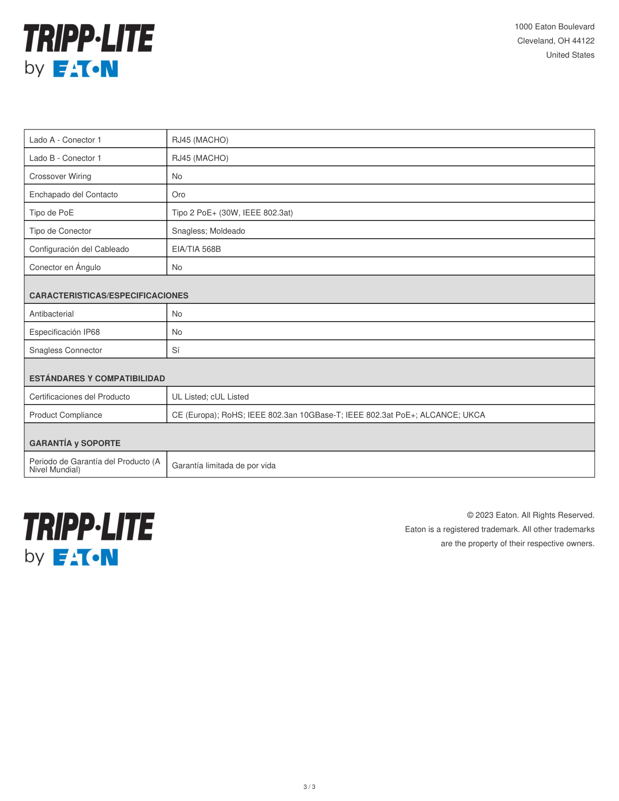 Cable patch UTP TrippLite N201-007-YW CAT 6 amarillo 2.13 m (7 pies) gigabit PoE RJ45 M/M Moldeado Snagless