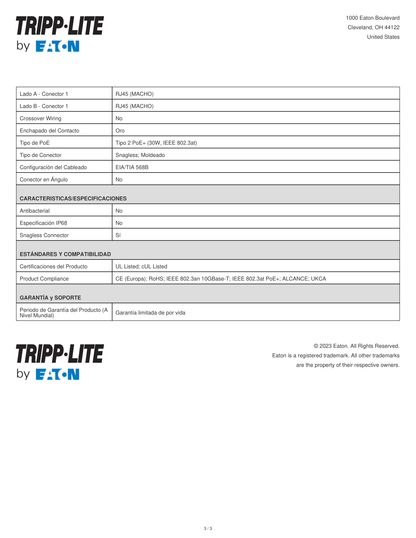 Cable patch UTP TrippLite N201-007-YW CAT 6 amarillo 2.13 m (7 pies) gigabit PoE RJ45 M/M Moldeado Snagless