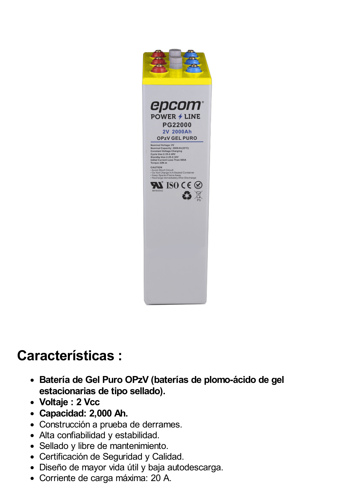 Batería de GEL PURO OPzV / 2 V @ 2,000 Ah / Ciclo profundo /Uso en Aplicaciones Fotovoltaicas y de Respald