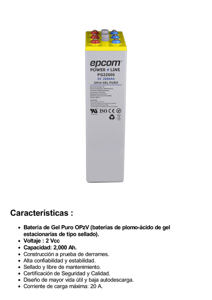 Batería de GEL PURO OPzV / 2 V @ 2,000 Ah / Ciclo profundo /Uso en Aplicaciones Fotovoltaicas y de Respald