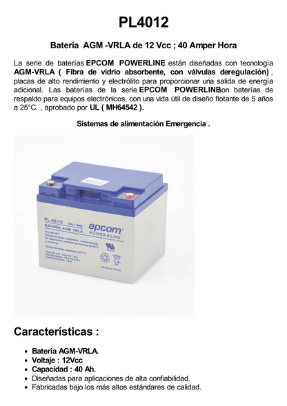 Batería 12 Vcc / 40 Ah / UL / Tecnología AGM-VRLA / Para uso en equipo electrónico Alarmas de intrusión / Incendio/ Control de acceso / Video Vigilancia / Terminales tipo M6 ( HEX ) / Cargador recomendado CHR-250.