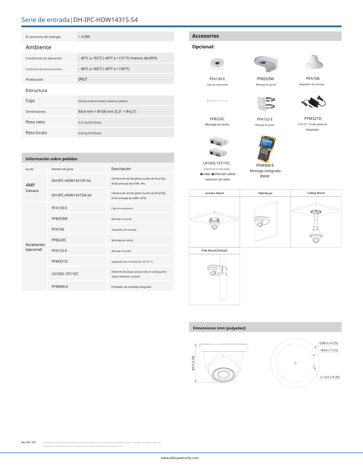 Camara Dahua DH-IPC-HDW1431SN-S4 IP domo 4 mpx lente 2.8 mm 93 gds IR 30 m PoE IP67