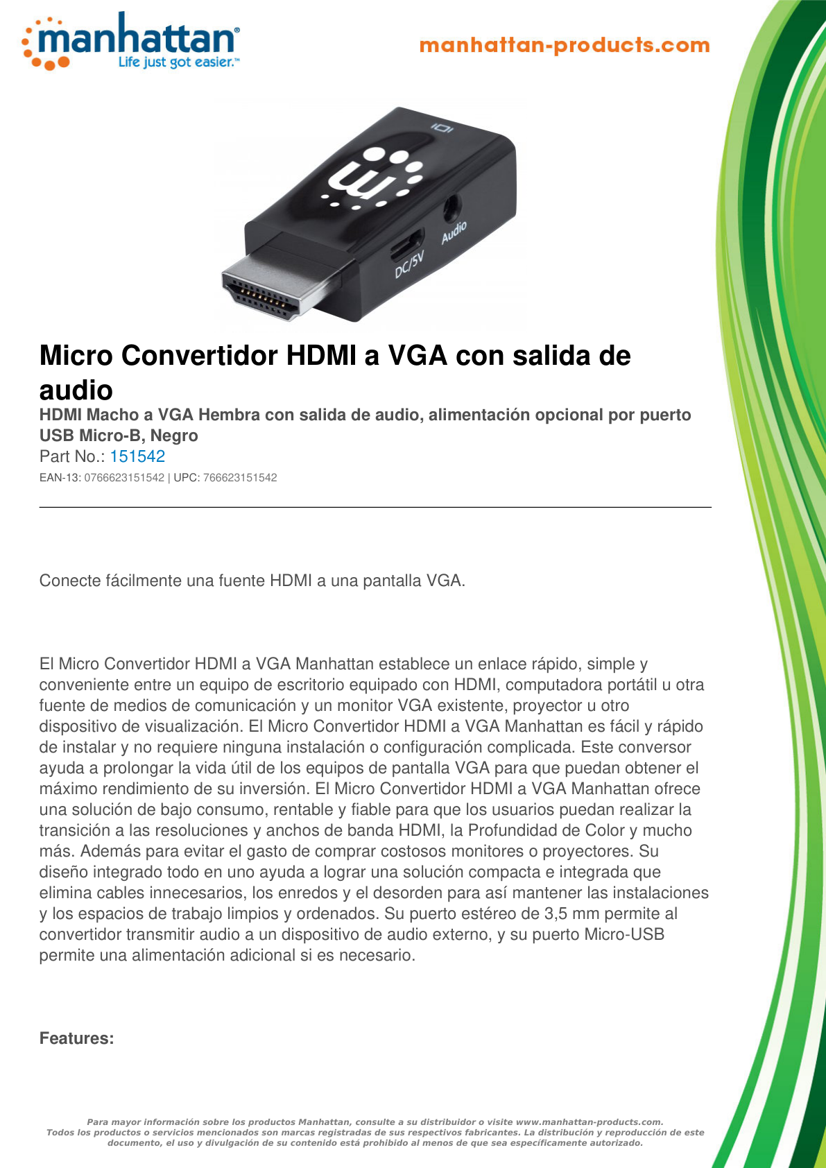 CONVERTIDOR MANHATTAN VIDEO HDMI A SVGA + AUDIO MICRO BL