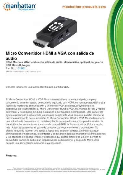 CONVERTIDOR MANHATTAN VIDEO HDMI A SVGA + AUDIO MICRO BL