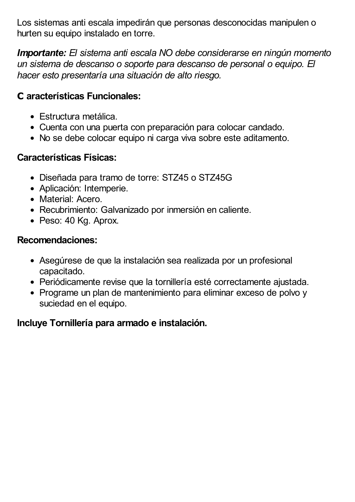 Sistema Antiescala tipo Sombrilla para Torre STZ45.