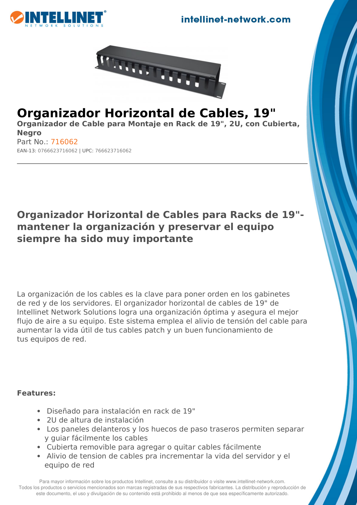 ORGANIZADOR DE CABLES INTELLINET HORIZONTAL PARA RACK 19 2U METALICO