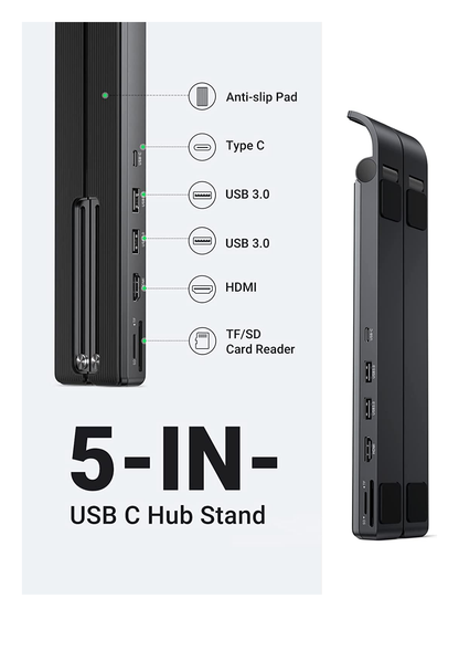 HUB (Docking Station) 5 en 1 con Soporte para Laptop | 2 USB 3.0 a 5Gbps | HDMI 4K@30Hz | Memoria Micro SD (TF) + SD | Amplia Compatibilidad de 10-15" | Ajuste de Altura | Aluminio | PC+ABS | Silicona | Color Negro.