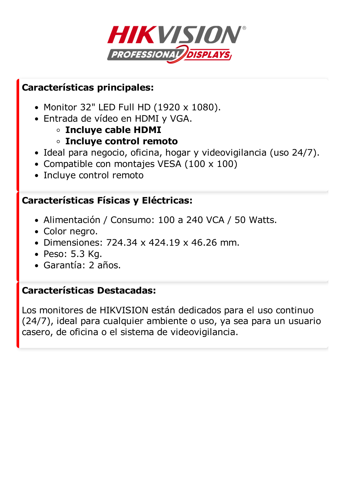 Monitor LED 32" Ultra-Brillante Full HD con Altavoces Potentes, Ángulo de Visión 178° y Entradas HDMI-VGA / Funcionamiento 24/7 y Montaje VESA (100 X 100) / Calibración Inteligente de Imagen