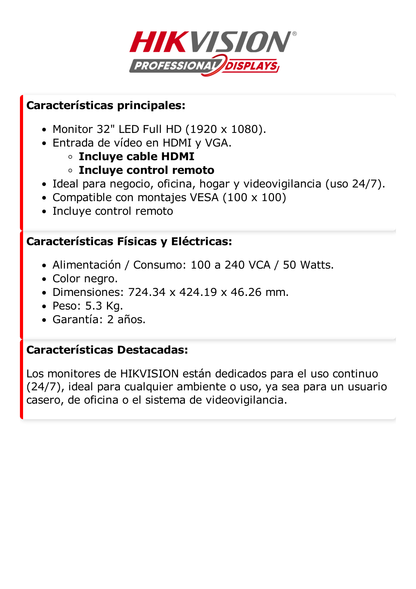 Monitor LED 32" Ultra-Brillante Full HD con Altavoces Potentes, Ángulo de Visión 178° y Entradas HDMI-VGA / Funcionamiento 24/7 y Montaje VESA (100 X 100) / Calibración Inteligente de Imagen