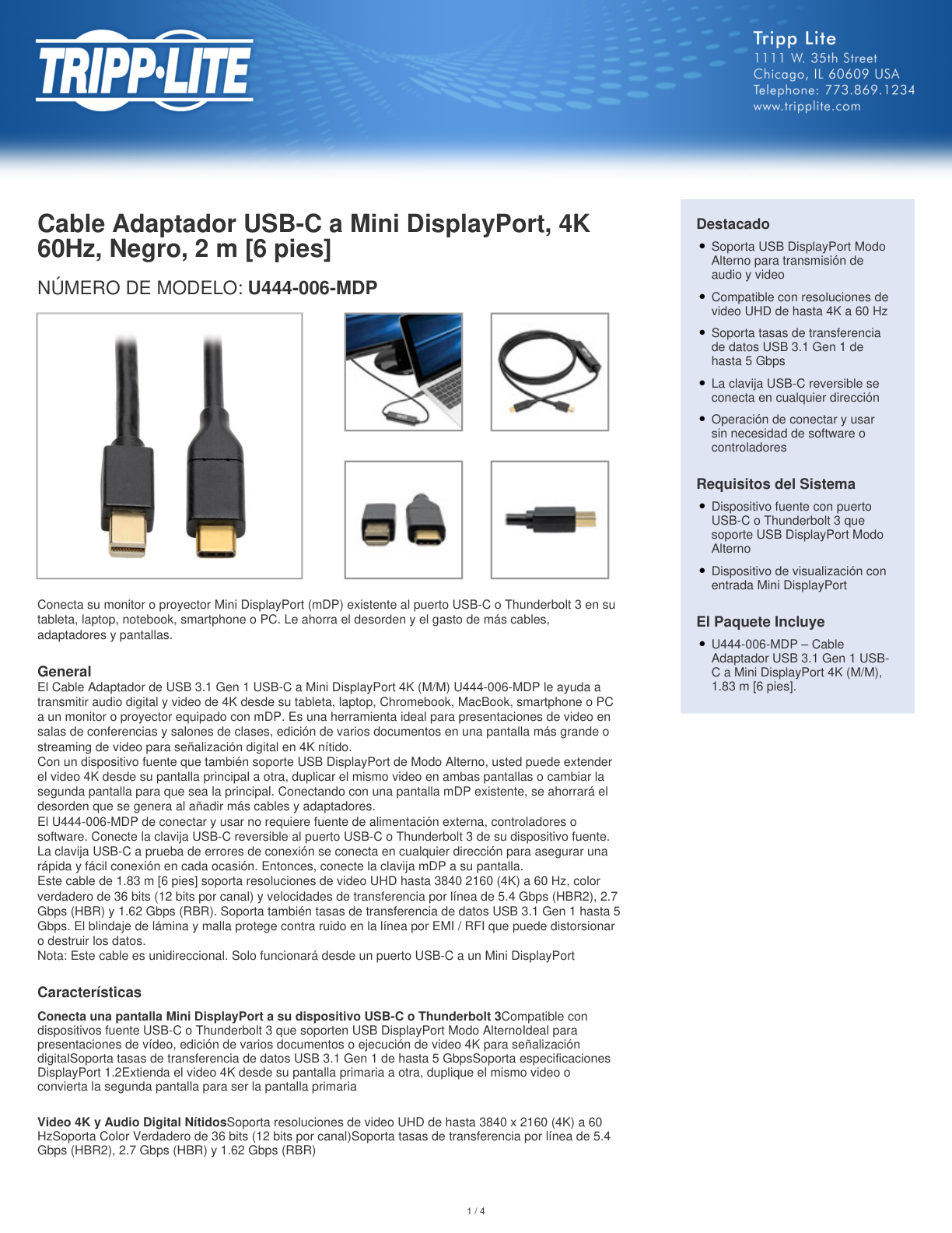 Cable TrippLite U444-006-MDP 1.83M -6FT- adaptador USB-C A Mini Display port 4K 60Hz Negro