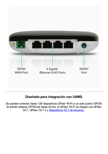 UFiber WiFi 802.11n GPON ONU, Unidad de red óptica con 1 puerto WAN GPON (SC/APC) + 4 puertos LAN Gigabit Ethernet