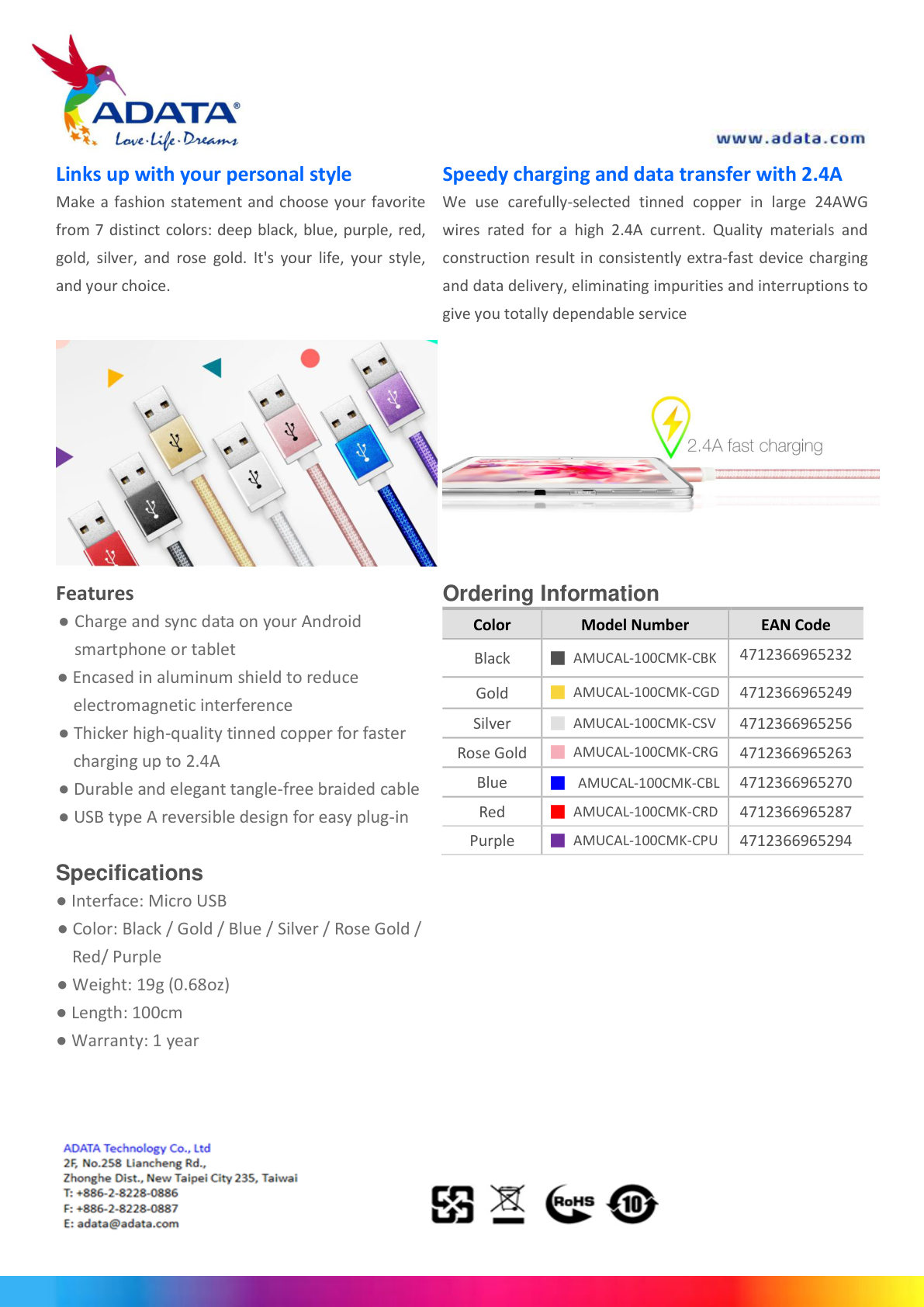 CABLE ADATA USB - MICRO USB 100CM  AMUCAL-100CMK-CBK NEGRO