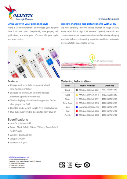 CABLE ADATA USB - MICRO USB 100CM  AMUCAL-100CMK-CBK NEGRO