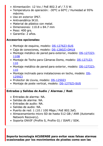 Domo IP 6 Megapixel / Lente 2.8 mm / 30 mts IR EXIR /Exterior IP67 / IK10 / WDR 120 dB/ PoE / ACUSENSE (Evita Falsas Alarmas) / MicroSD / ONVIF / ACUSEARCH